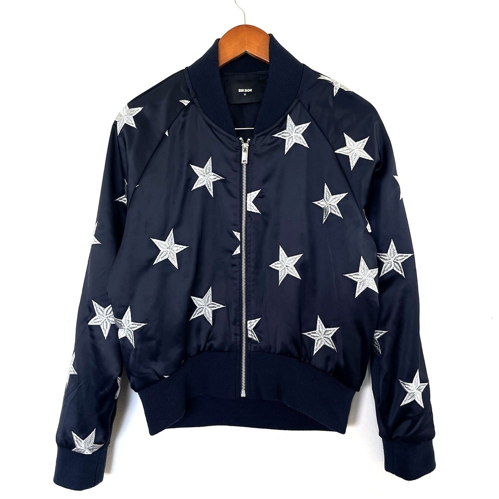 Bik Bok Satin Bomber Jacket Size M Black Embroidered Stars Soft Rock Glam Scandi